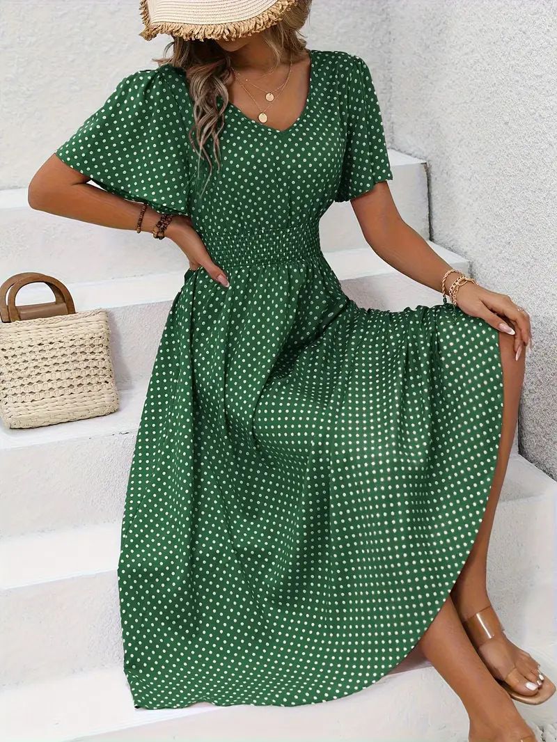 European And American Style Women's V Neck Polka Dot Pullover Casual Dress Spring/Summer New Arrivals SuperBuy Hot Selling_ecoleips.com
