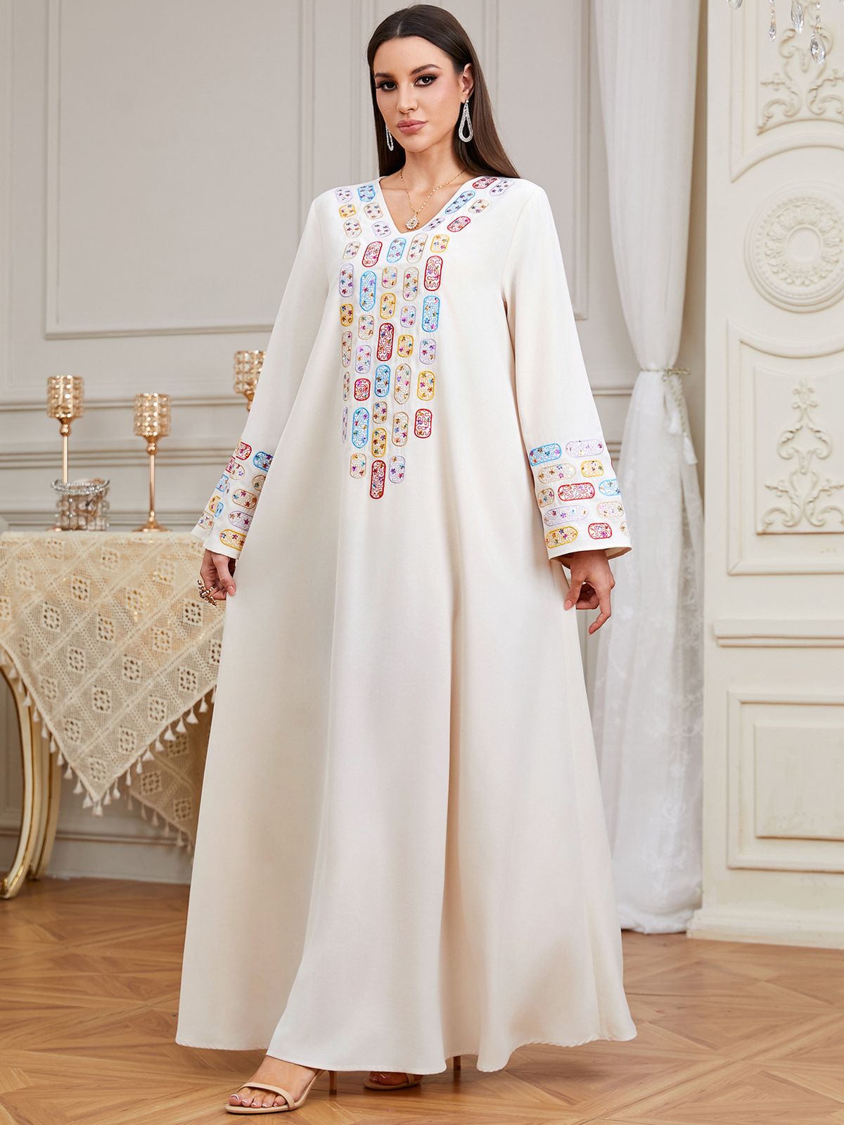 Elegant Sequined Embroidered Long Robe Women's Luxurious Fashionable Ethnic Style Casual Dress Long Sleeved_ecoleips.com
