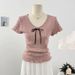 Women's Clothing Sweet And Cute Bow Tie Hollow Short Sleeved Knitted Sweater Slimming Tops_ecoleips.com