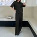 Women's Shimmering Silver Sequined Casual Set Minimalist Style Two Piece Outfit with Drawstring Wide Leg Pants And Short Sleeves Black_ecoleips.com