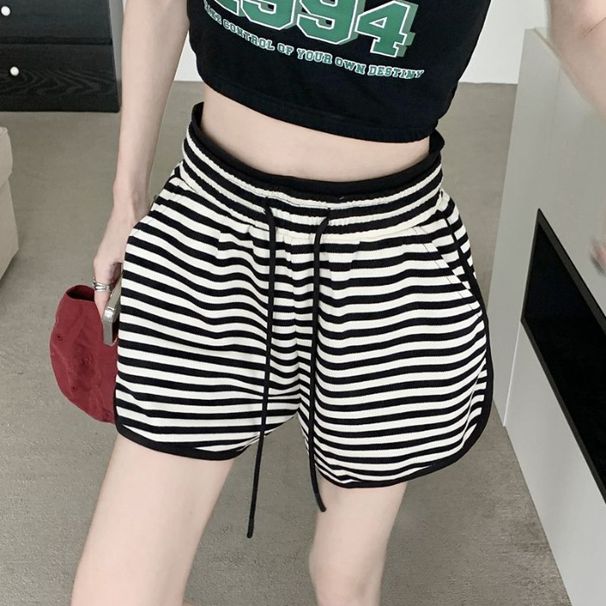 Black And White Striped Casual Pants For Women In Summer, Simple And Lazy Style, Age Reducing, Thin High Waist, Loose Sports Wide Leg Shorts_ecoleips.com