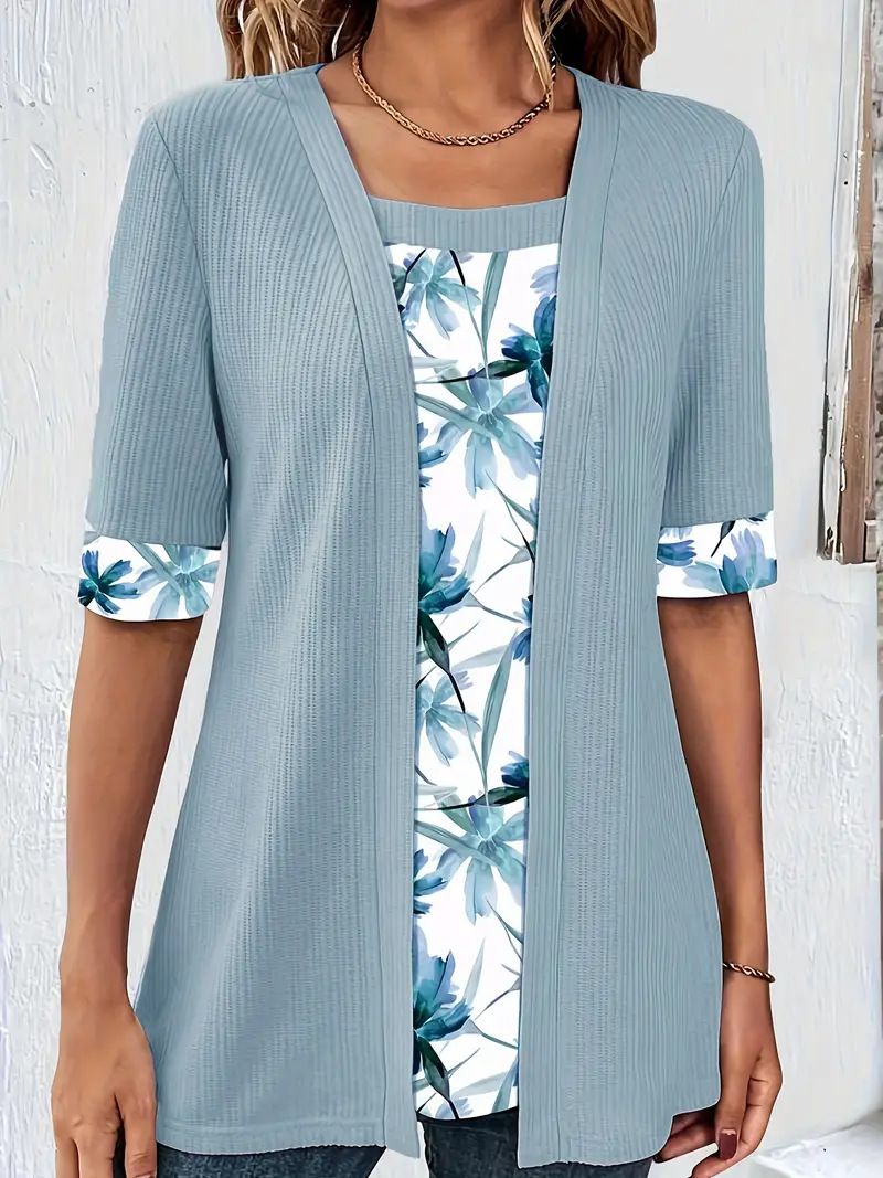 Women's Clothing Two Piece Short Sleeved Printed Splicing T Shirt Tops Women_ecoleips.com