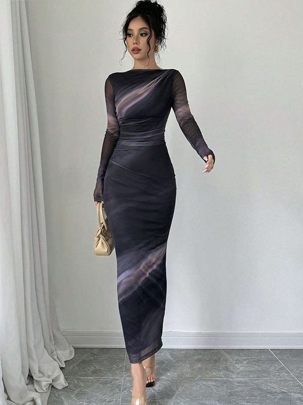 Women's Pleated Tight Dress Sexy Mesh Printed European American Style for Autumn New Arrival_ecoleips.com