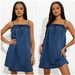 Women's Clothing Fresh Floral Embroidery Denim Suspender Dress Loose A-Line Skirt_ecoleips.com