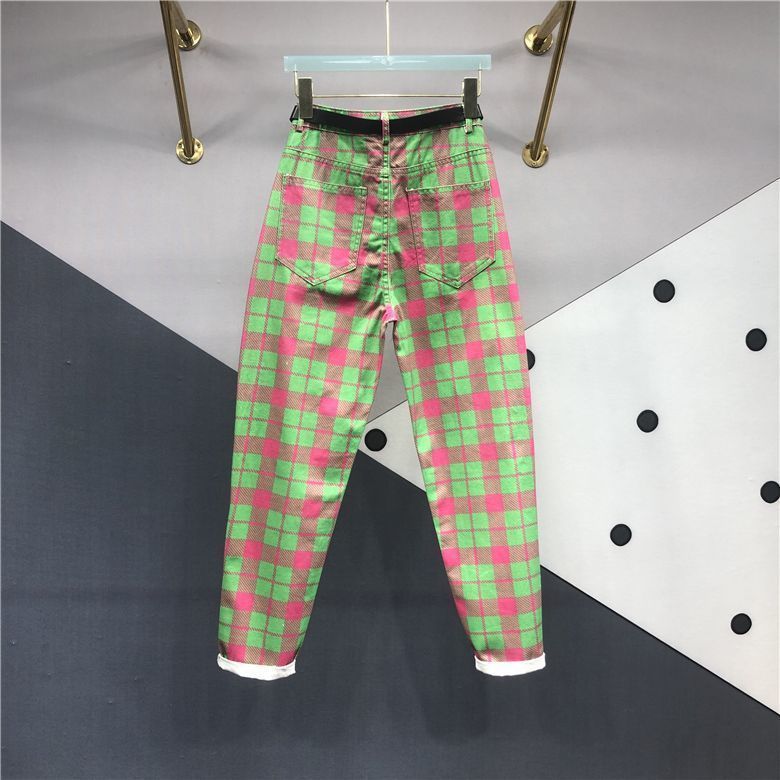 Women's Clothing Spring And Autumn New Red And Green Plaid Carrot Jeans Women's Slimming High Waist Curled Harem Pants Trendy_ecoleips.com