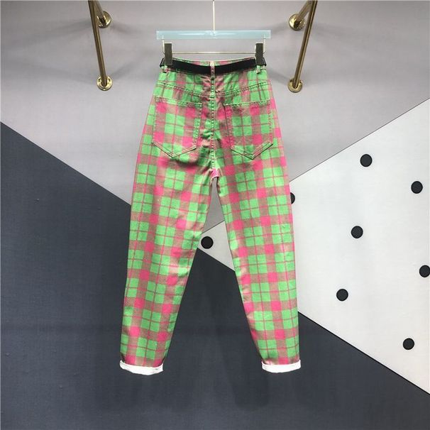 Women's Clothing Spring And Autumn New Red And Green Plaid Carrot Jeans Women's Slimming High Waist Curled Harem Pants Trendy_ecoleips.com