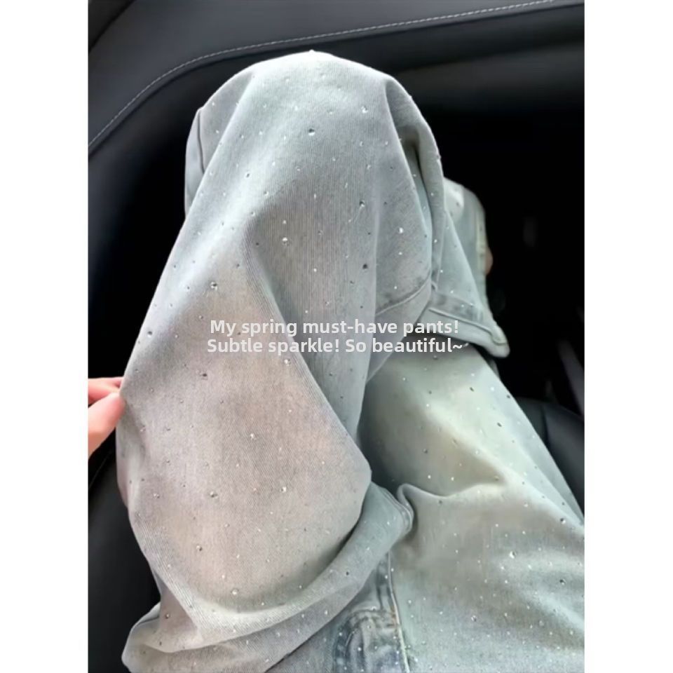 Women's High-Waisted Wide-Leg Jeans Loose Fit Slim Fit Summer Denim With Sparkling Rhinestones Heavy Duty Flow_ecoleips.com