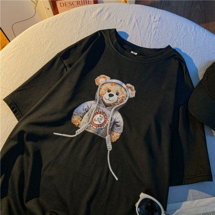 Women's Summer T-Shirt round Neck Base Layer Short Sleeve Bear Style Trendy Loose Top for Students Half Sleeve INS Trendy_ecoleips.com