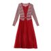 European Style Autumn Fashion Pleated V-Neck Patchwork Slim Slimming Dress With Mid-Length Pleated Skirt_ecoleips.com