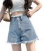 Women's High-Waisted Wide Leg Denim Shorts Casual Thin Style Slimming A-Line Hot Pants Frayed Hem Trendy Petite Versatile_ecoleips.com