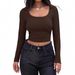 Women's Ribbed Slim Fit T-Shirt Square Neck Long Sleeve Short/Long Length Fashion Top For American Style_ecoleips.com