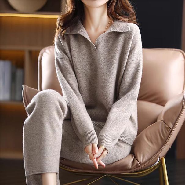 Korean Style Loose Collar Knit Set for Women Casual Simple Sweater And Wide Leg Pants Two Piece Outfit_ecoleips.com