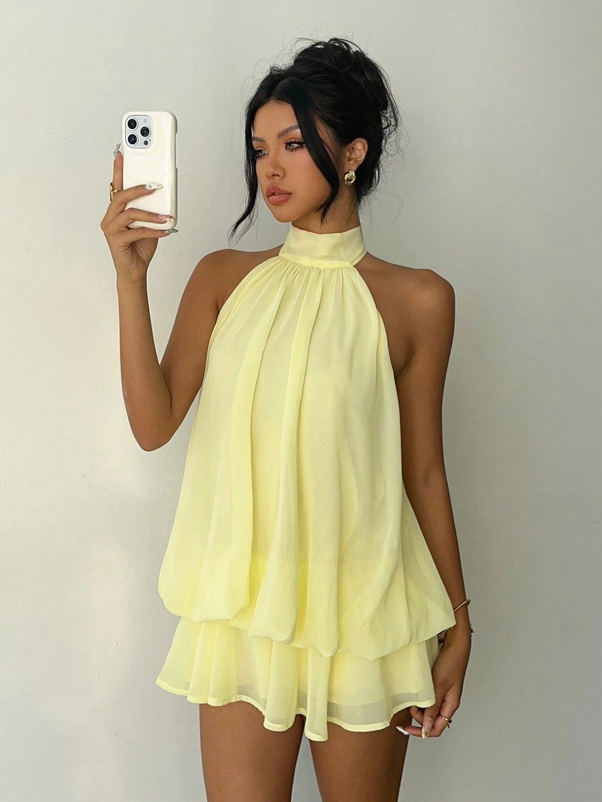 New European And American Style Solid Color Vacation Slim-fit Sexy Backless Halter Neck Waist-cinching Top With Puffy_ecoleips.com
