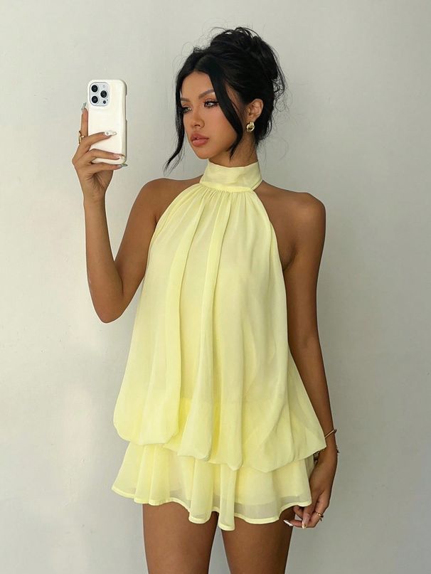 New European And American Style Solid Color Vacation Slim-fit Sexy Backless Halter Neck Waist-cinching Top With Puffy_ecoleips.com
