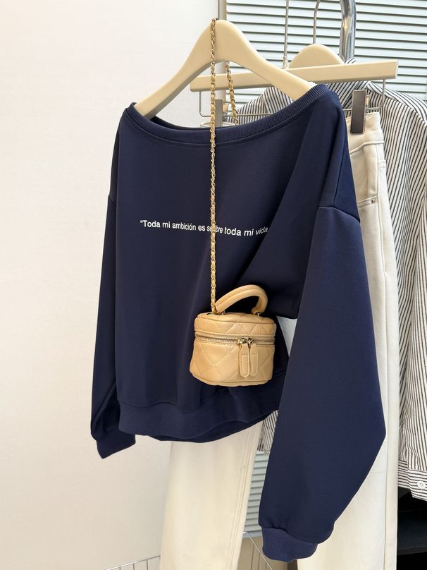 real Shot One-shoulder Slanted Collar Long-sleeve Sweatshirt For Women, Spring Autumn 2025 New Style, Loose_ecoleips.com