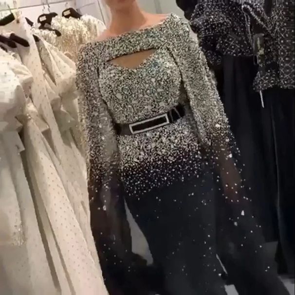 Women's Clothing Autumn And Winter Women's Clothing Gold Sprinkled Sexy Cape Large Swing Dress_ecoleips.com