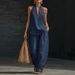 Women's Summer V Neck Backless Halter Neck Vest And Wide Leg Pants Two Piece Set Solid Color European And American Style_ecoleips.com