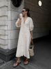 Freeacy Women's Solid Color Cotton And Linen Dress V-neck Puff Sleeves Buttoned Loose Fit Midi Dress Autumn Casual A-line Dress_ecoleips.com