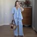 2025 Spring And Summer New Sweet Pure Color Suit Cotton V-neck Top Puff Sleeve Short Sleeve Long Pants Two-piece Suit_ecoleips.com