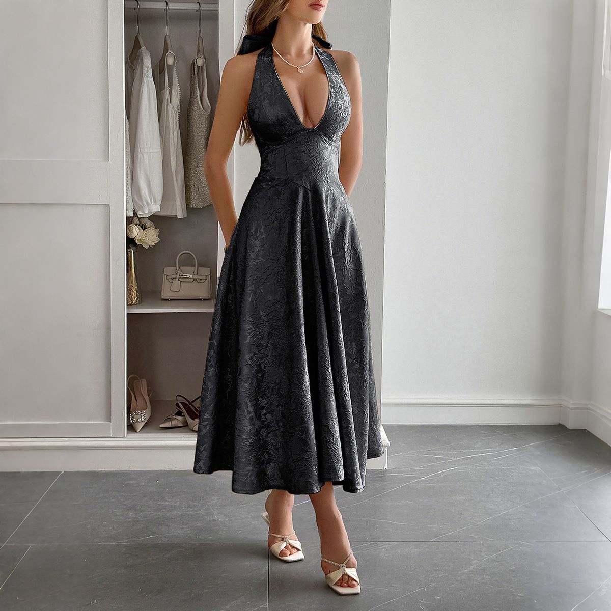 Women's Halter Neck Long Dress Waist Belted French Resort Style Spring Summer Clothing_ecoleips.com