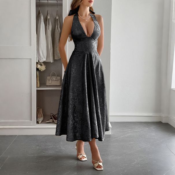 Women's Halter Neck Long Dress Waist Belted French Resort Style Spring Summer Clothing_ecoleips.com