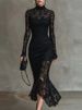 Women Elegant Lace Hollow Hem Irregular Dress Casual Long Sleeve Slim Long Dresses 2026 Spring Fashion Turtleneck Mermaid Dress_ecoleips.com
