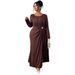 Women's Autumn Winter Brown Dress – Plus Size Long Sleeve Wrap Waist Ruffle Maxi Dress_ecoleips.com
