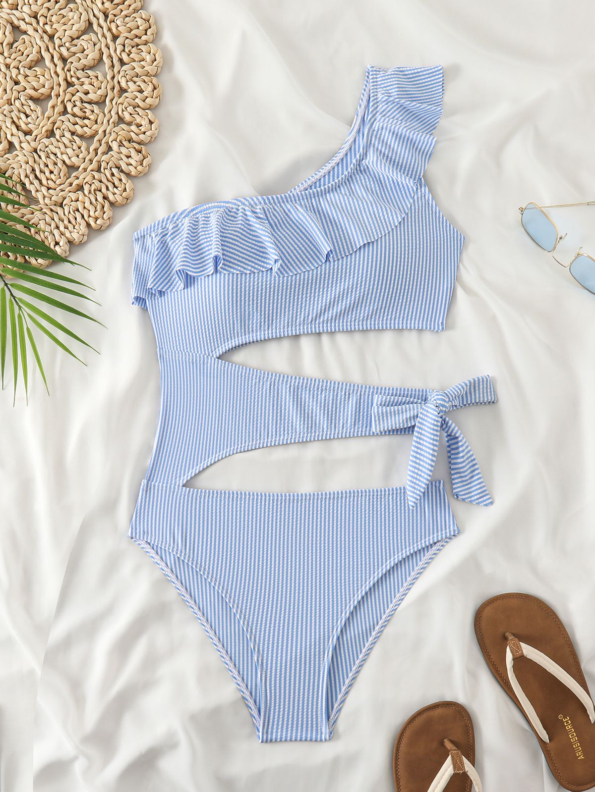 Women's Clothing New One Piece Swimsuit Women's Ruffled Hollow Lace Up Swimsuit High End Hot Spring Striped Swimsuit_ecoleips.com