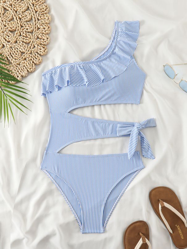 Women's Clothing New One Piece Swimsuit Women's Ruffled Hollow Lace Up Swimsuit High End Hot Spring Striped Swimsuit_ecoleips.com