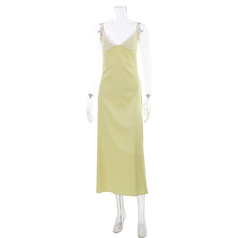 Summer Sweet Style Women's Slim Fit Dress Cream Yellow Lace Trim Elegant And Flattering Satin Texture_ecoleips.com