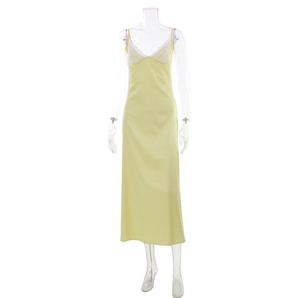 Summer Sweet Style Women's Slim Fit Dress Cream Yellow Lace Trim Elegant And Flattering Satin Texture_ecoleips.com