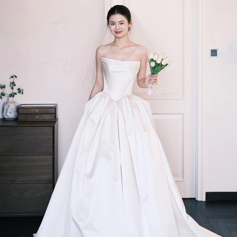 Women's Clothing Light Wedding Dress Tube Top Satin High Grade Bride White Dress Engagement Reception Tail Out Of The Dress For Women_ecoleips.com