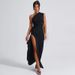 Women's Fashionable Off-Shoulder Gathered Elastic Slit Sleeveless Dress Summer 2025 Sexy Wholesale New_ecoleips.com