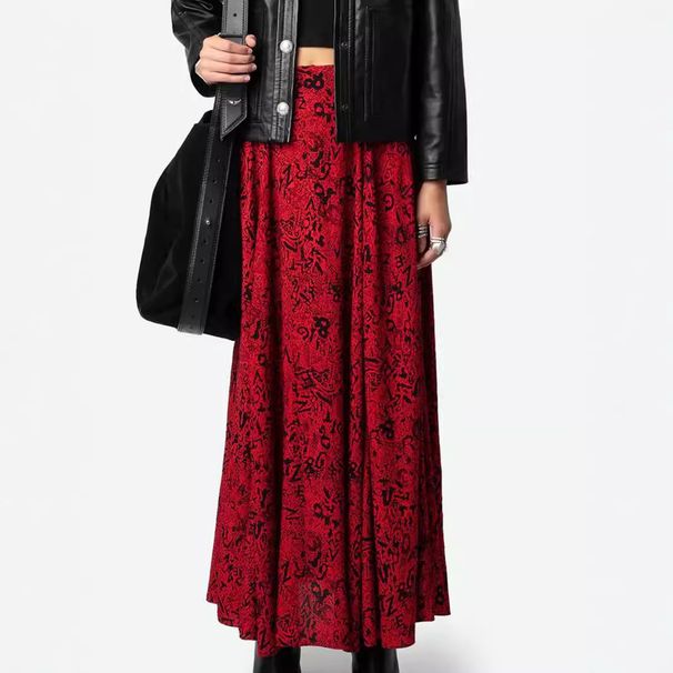 Verve Z@V Straight 2025 Autumn New Classic Letter Print Red Rayon Skirt_ecoleips.com