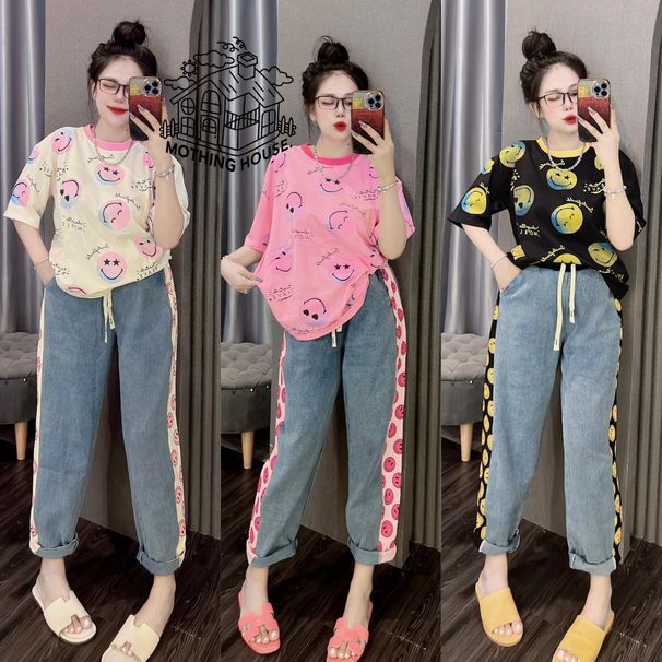 Women's Smiley Face Print Outfit - Oversized T-Shirt & Wide Leg Pants Lounge Set For Summer_ecoleips.com