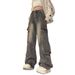Retro Small Many Pockets Cargo Jeans Women's High Street Design Sense Loose Wide-leg Floor-length Pants Trend_ecoleips.com