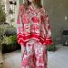 Women's Clothing V Neck Printed Long Sleeve Pocket Casual Suit Two Piece Set_ecoleips.com