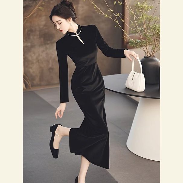 New Hepburn-style Chinese Dress, Cheongsam, French Style 2025, Elegant High-end Black Dress With A Cinched Waist_ecoleips.com