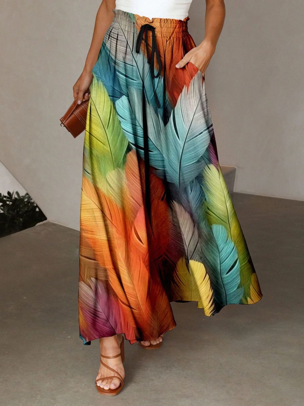 New Bohemian Style Women's Loose Wide Leg Pants 3D Digital Feather Print Pleated Waist Skirt Bottoms Fashionable Casual Trousers_ecoleips.com