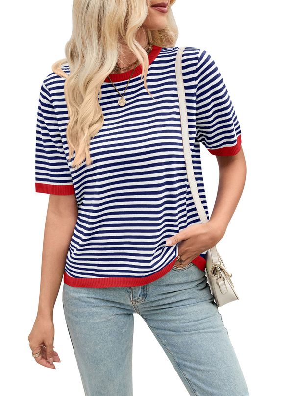 Women's Clothing Summer Casual Striped Color Round Neck Knitted Short Sleeved Pullover Sweater_ecoleips.com