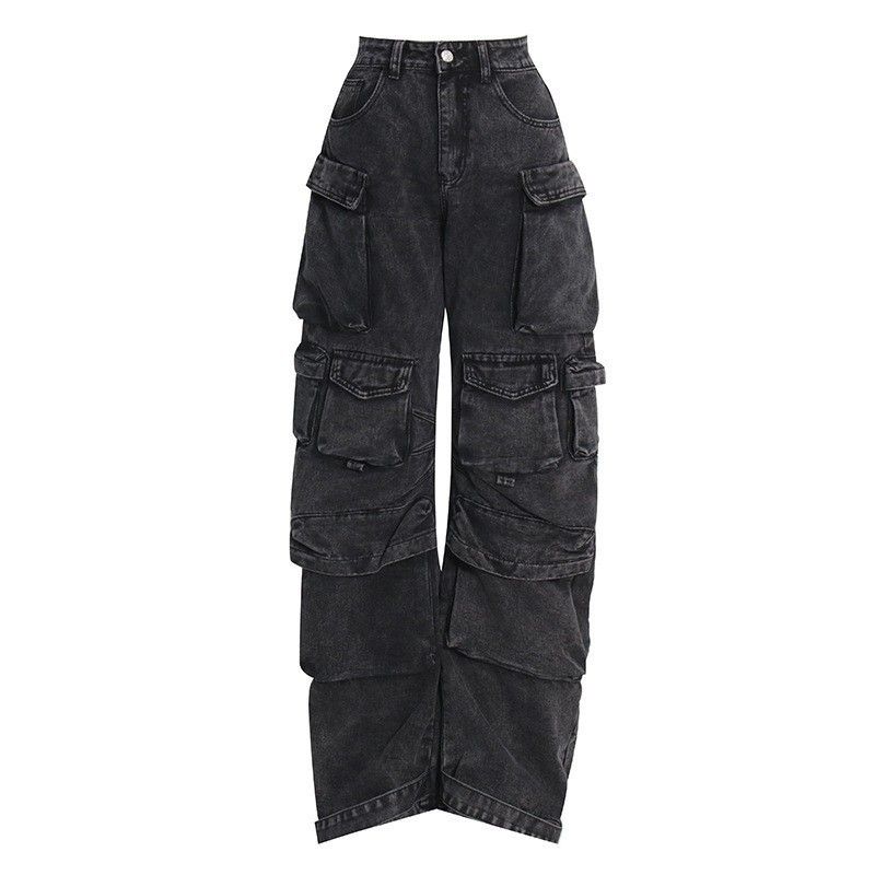Women's Clothing Distressed Grey Utility Cargo Pants – Streetwear Oversized Wide-Leg Jeans With Multi-Pockets | High Waist, Stretch Comfort_ecoleips.com