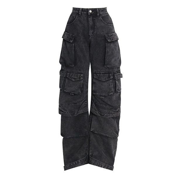 Women's Clothing Distressed Grey Utility Cargo Pants – Streetwear Oversized Wide-Leg Jeans With Multi-Pockets | High Waist, Stretch Comfort_ecoleips.com