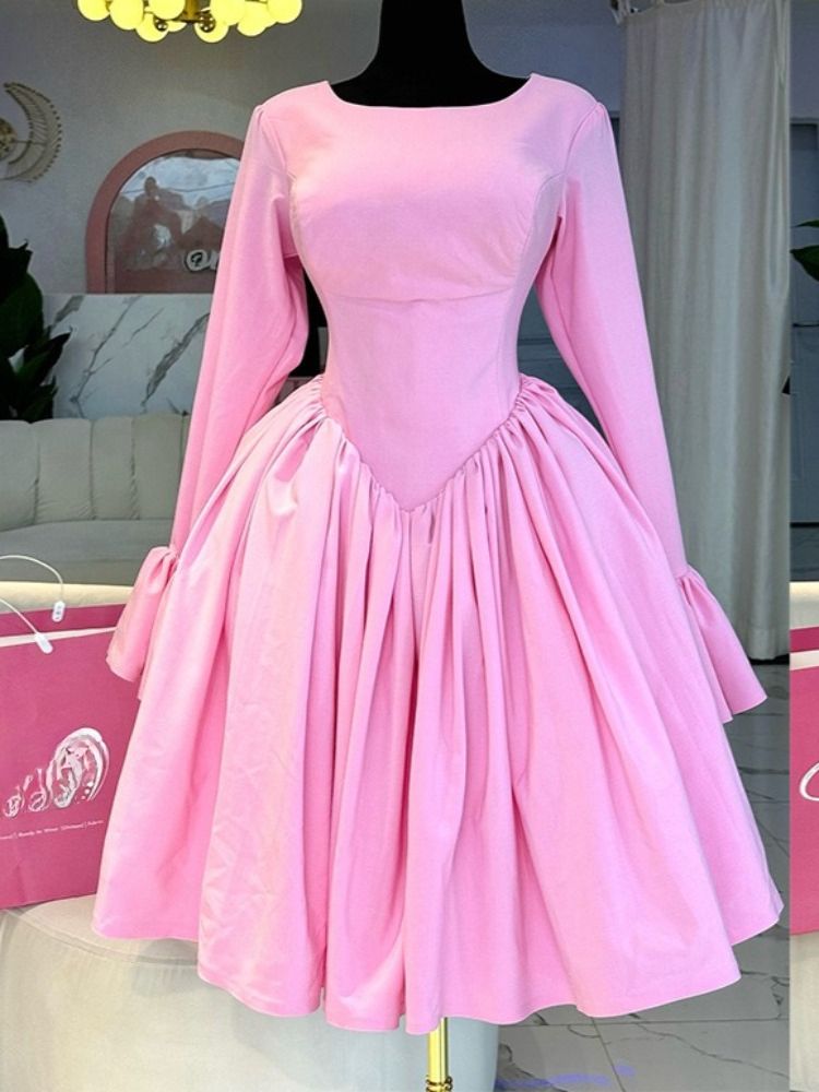 K Women's New Style Elegant Round Neck Long Sleeved Strap Tied High Waisted A-line Dress_ecoleips.com