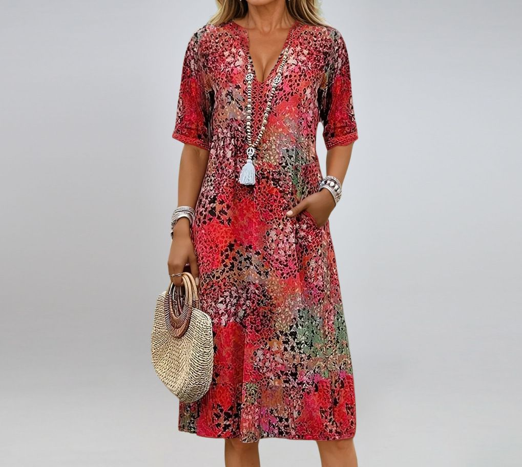 Women's Printed Summer V Neck Casual Dress With Pockets Style Vacation Wear Comfortable Loungewear_ecoleips.com