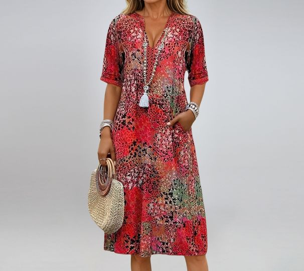 Women's Printed Summer V Neck Casual Dress With Pockets Style Vacation Wear Comfortable Loungewear_ecoleips.com