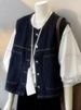 K Retro Layered Denim Vest For Women; Design-oriented, Niche, Fashionable, Slimming, Versatile Short Jacket. No Innerwear And Accessories_ecoleips.com