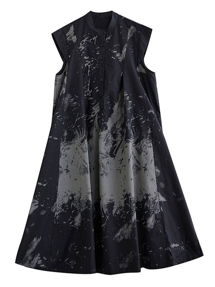 2026 Summer New Black Vintage Print Sleeveless Dresses For Women Stand Collar Loose Casual Long Dress Fashion Elegant Clothing_ecoleips.com