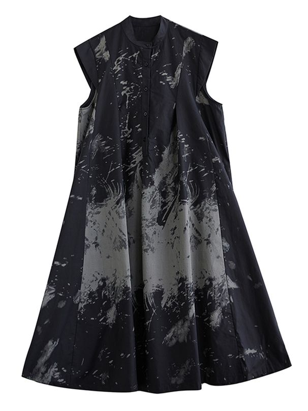 2026 Summer New Black Vintage Print Sleeveless Dresses For Women Stand Collar Loose Casual Long Dress Fashion Elegant Clothing_ecoleips.com