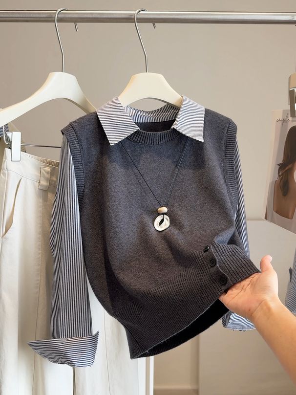 Women's French Style Stripe Shirt With Detachable Collar Long Sleeve Oversized Blouse Unique Layered Design_ecoleips.com
