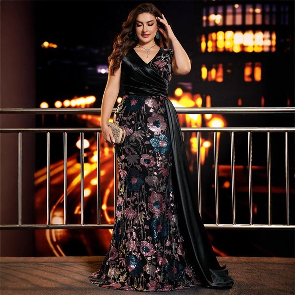 plus Size Elegant V Neck Cocktail Dress Sequined Patchwork European American Style for Parties Banquets Mothers_ecoleips.com